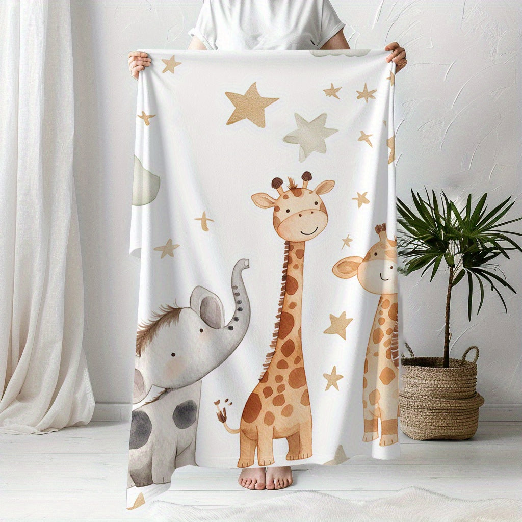Snuggle-Soft Flannel Blanket – Adorable Elephant, Giraffe & Star Prints
