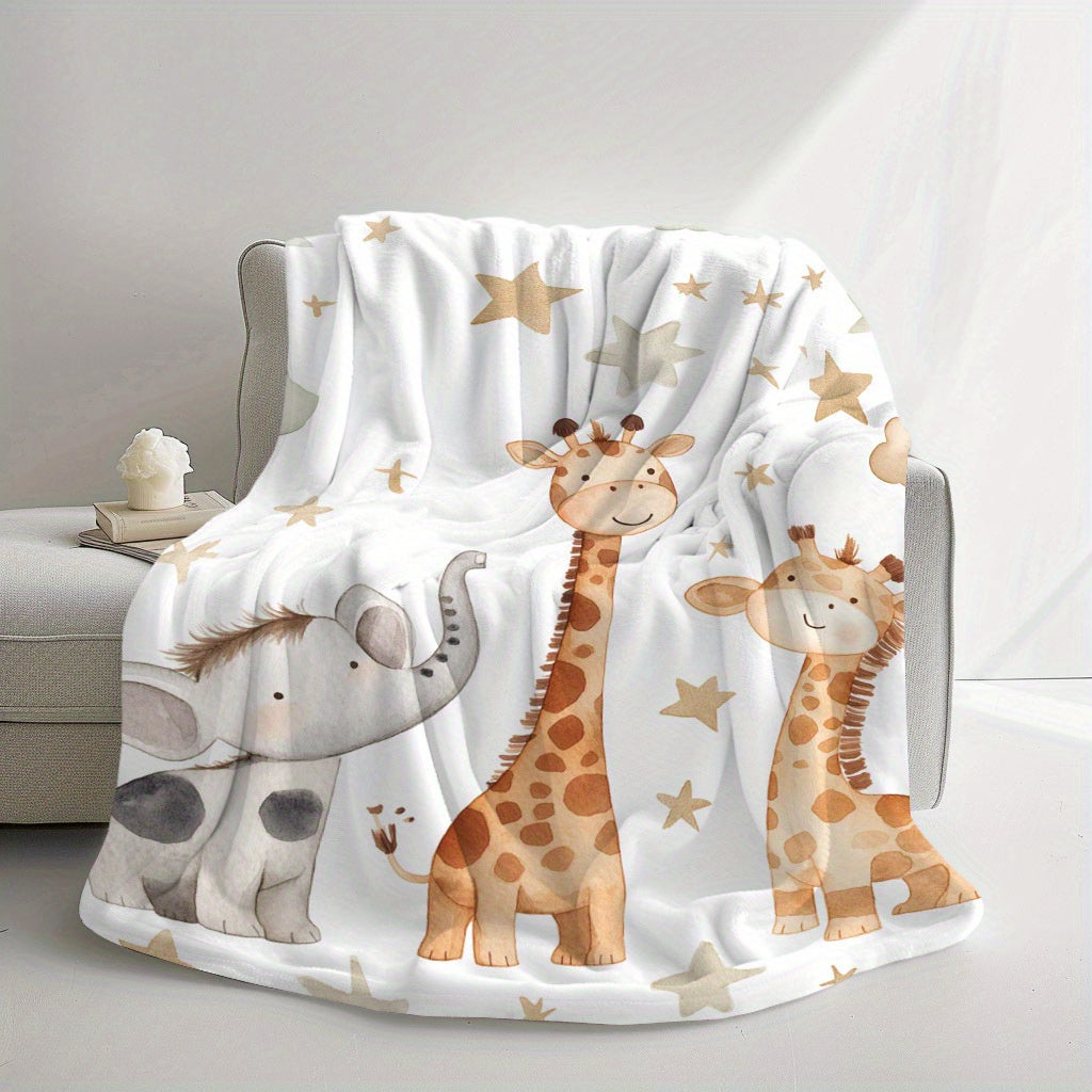 Snuggle-Soft Flannel Blanket – Adorable Elephant, Giraffe & Star Prints