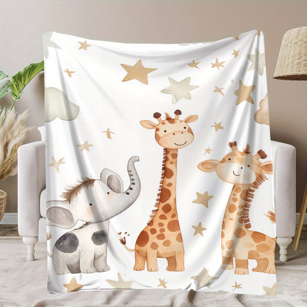 Snuggle-Soft Flannel Blanket – Adorable Elephant, Giraffe & Star Prints