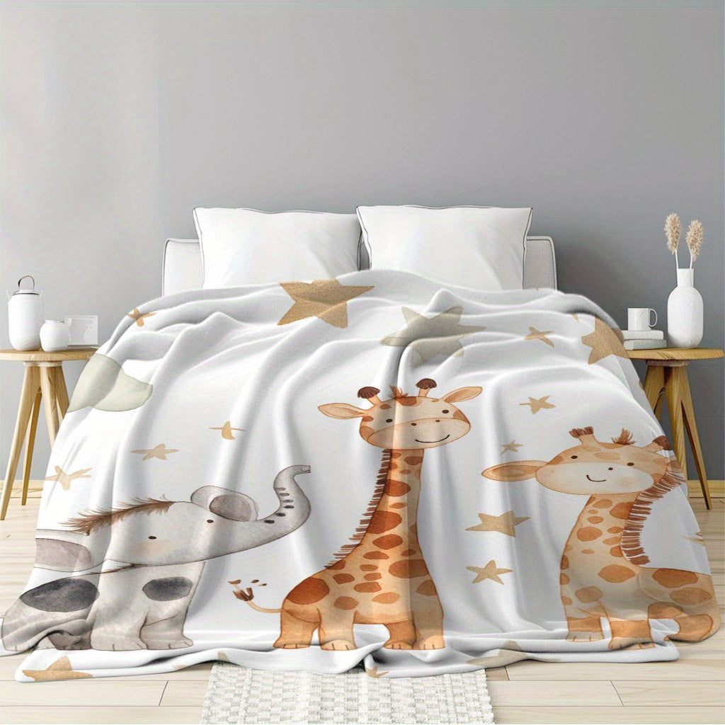 Snuggle-Soft Flannel Blanket – Adorable Elephant, Giraffe & Star Prints