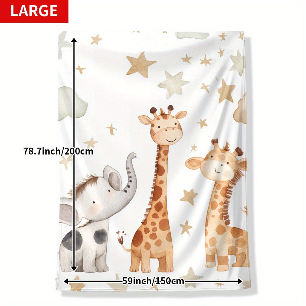 Snuggle-Soft Flannel Blanket – Adorable Elephant, Giraffe & Star Prints